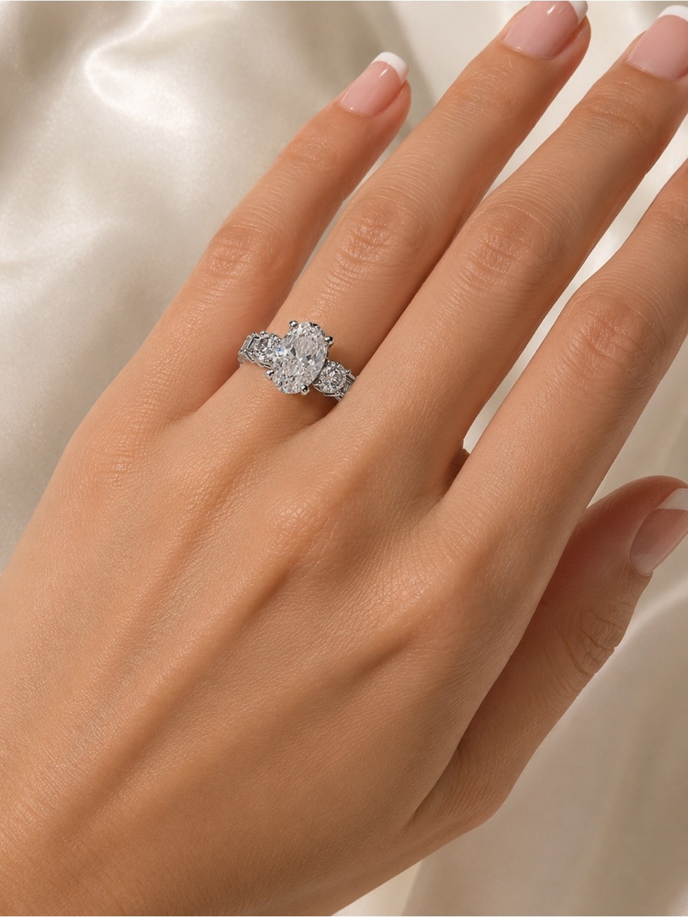 White Gold-Filled Oval CZ Three Stone Engagement Ring Size 8. White Lab Sapphire